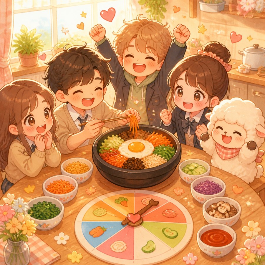 비빔밥 재료 게임을 하는 모습